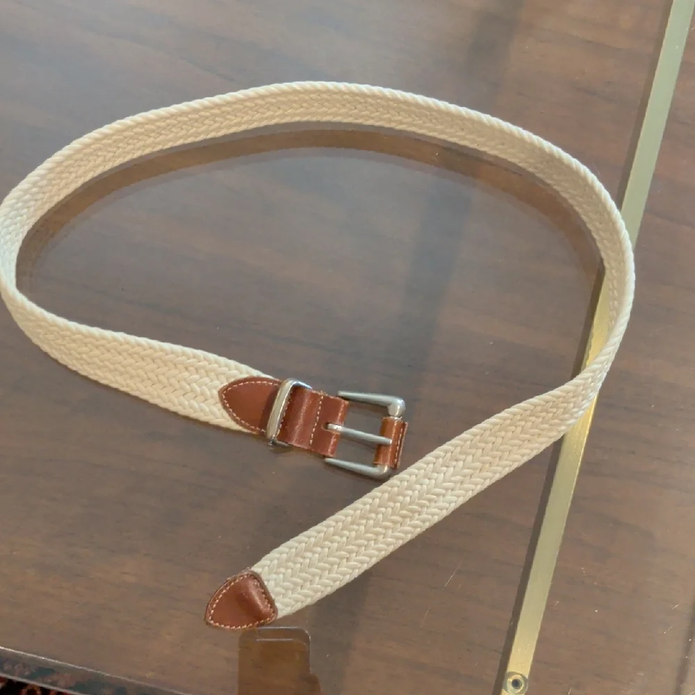 Women's Cream/Ecru Woven Belt with Brown Leather Accents & Silver Buckle